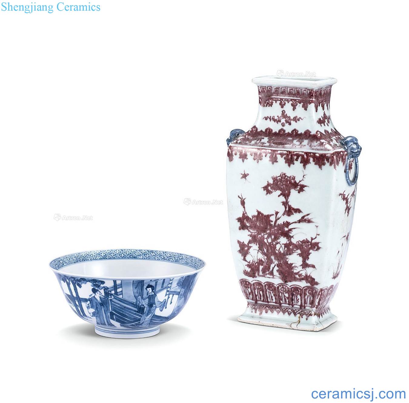 The qing emperor kangxi Blue and white youligong red peony first bottle Character figure to bowl a group (or two)