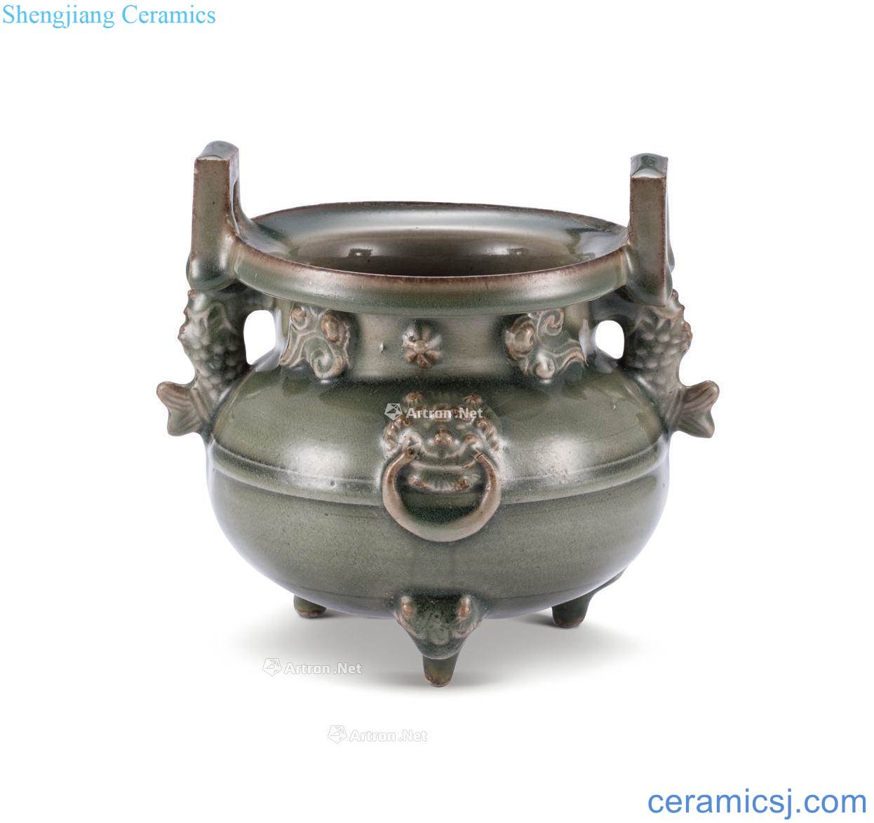 yuan Yao state kiln green glaze decals benevolent bit ring ears furnace with three legs