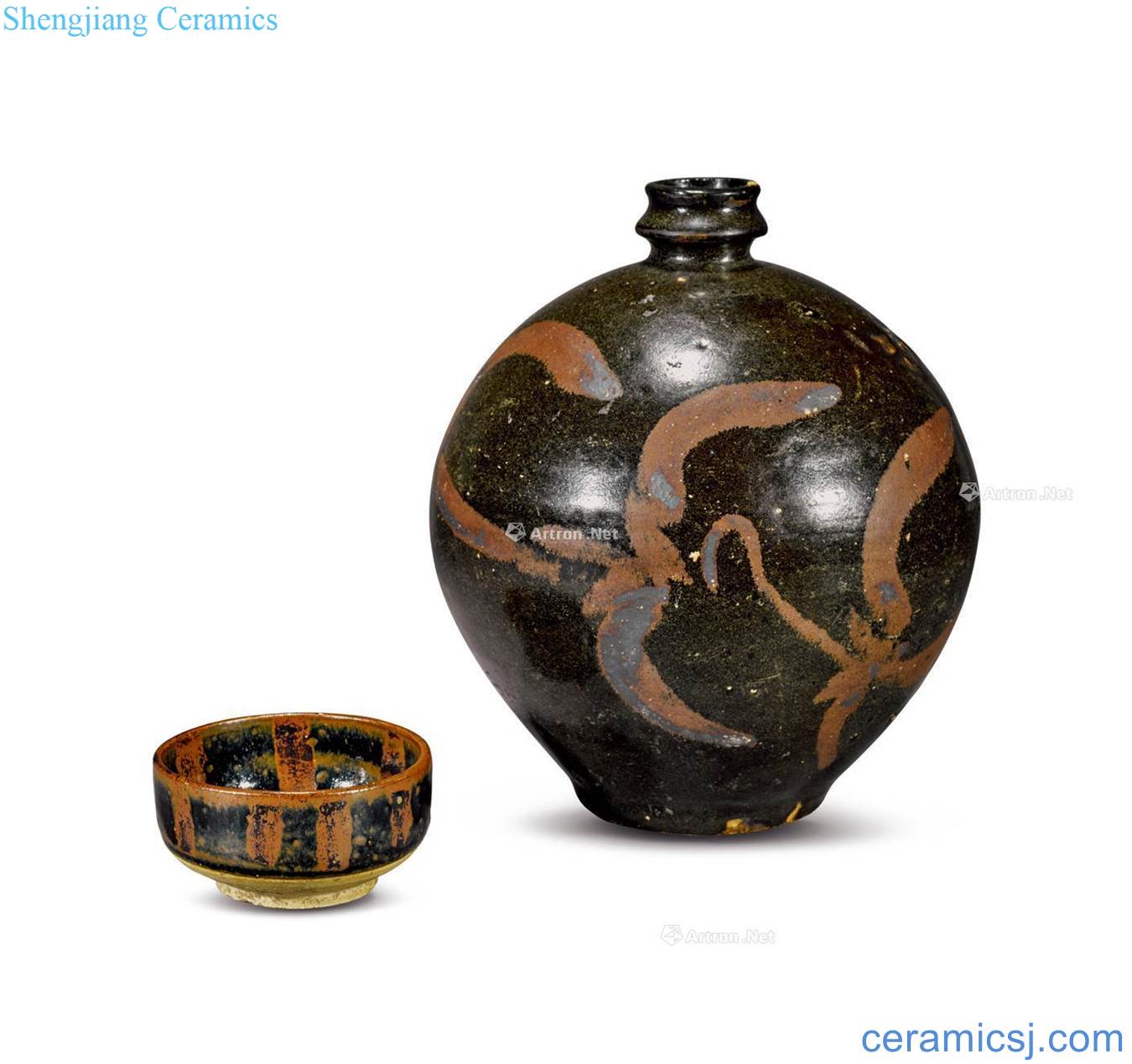 The song dynasty Henan kiln black glaze paste spot bowl, brown glaze paste spot small mouth pot (a set of two)
