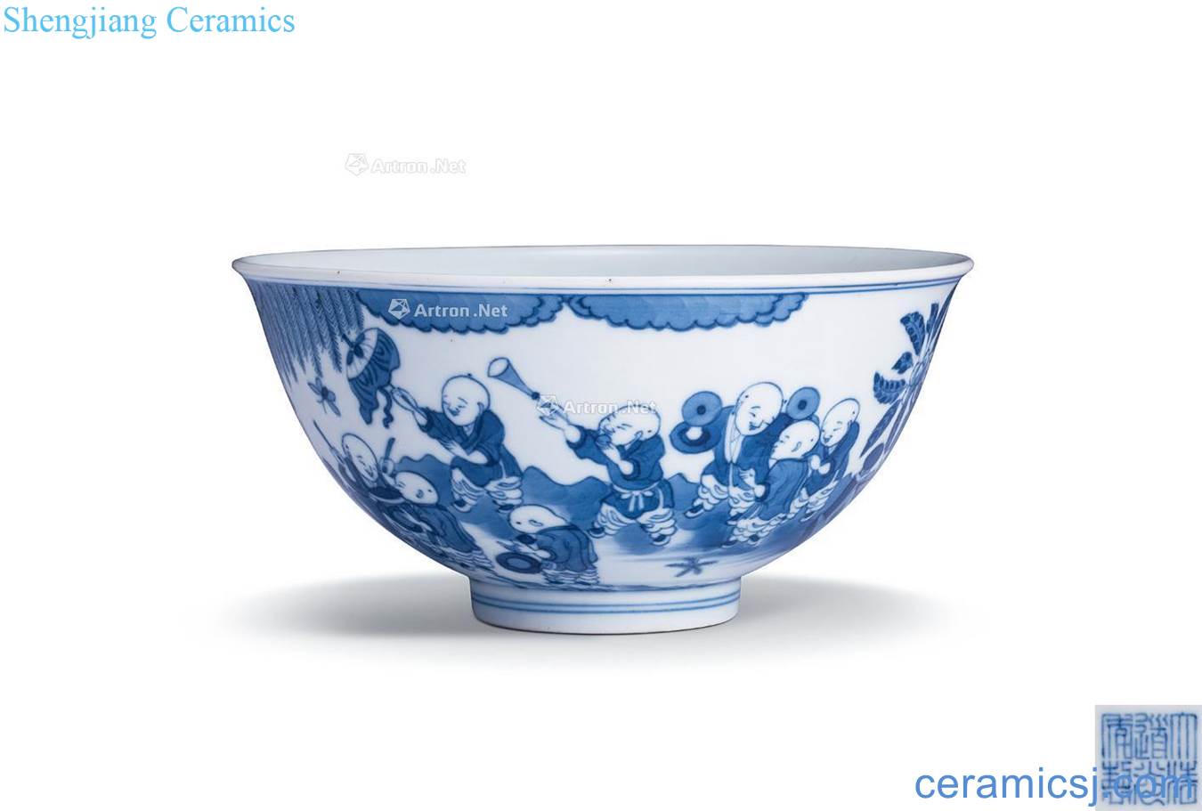 Qing daoguang Blue and white 16 son figure baby play bowls