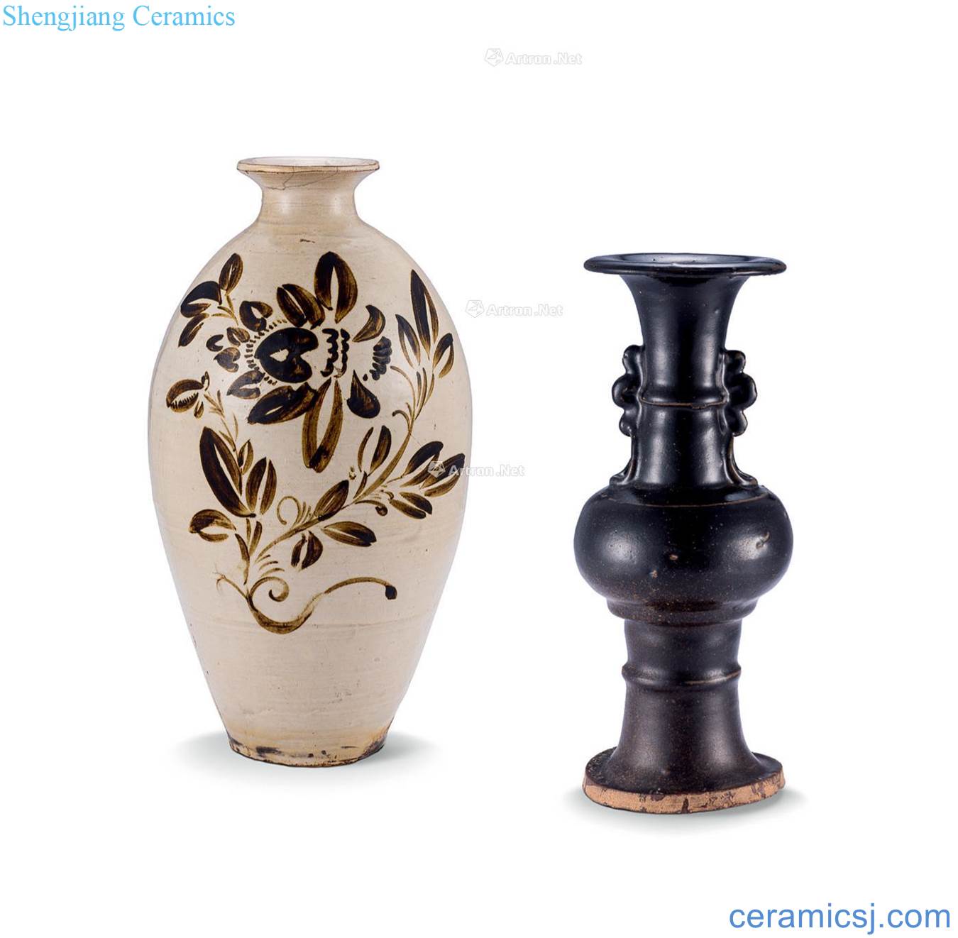 Gold to yuan Magnetic state kiln water brown vase Black glaze ear vase with a group (or two)