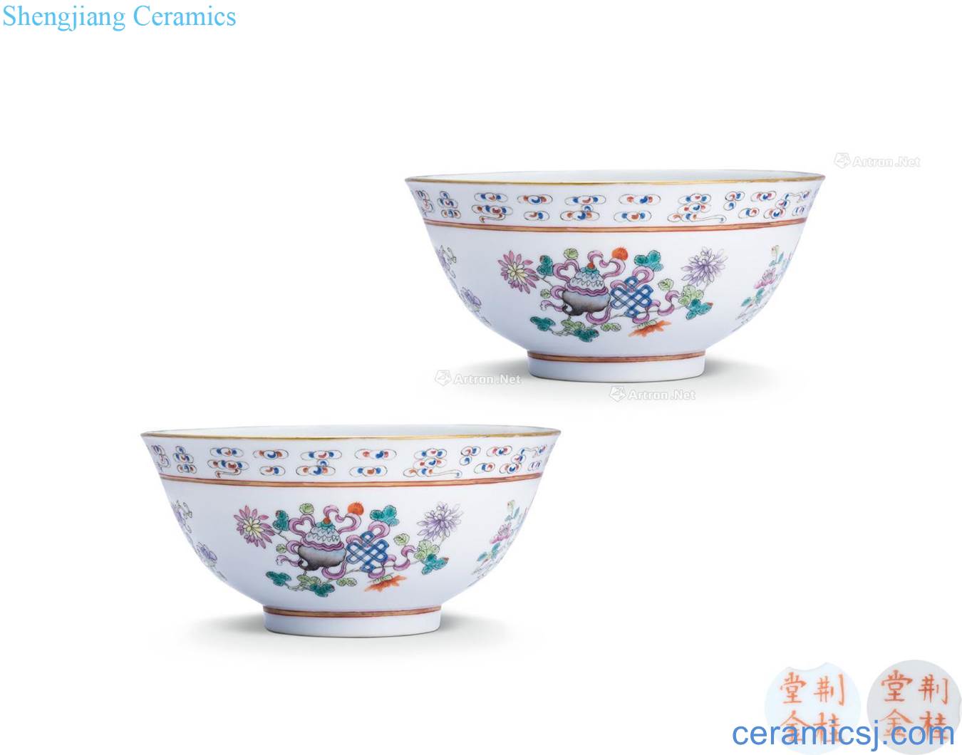 Qing in the 19th century eight auspicious grain powder enamel bowls of (a)