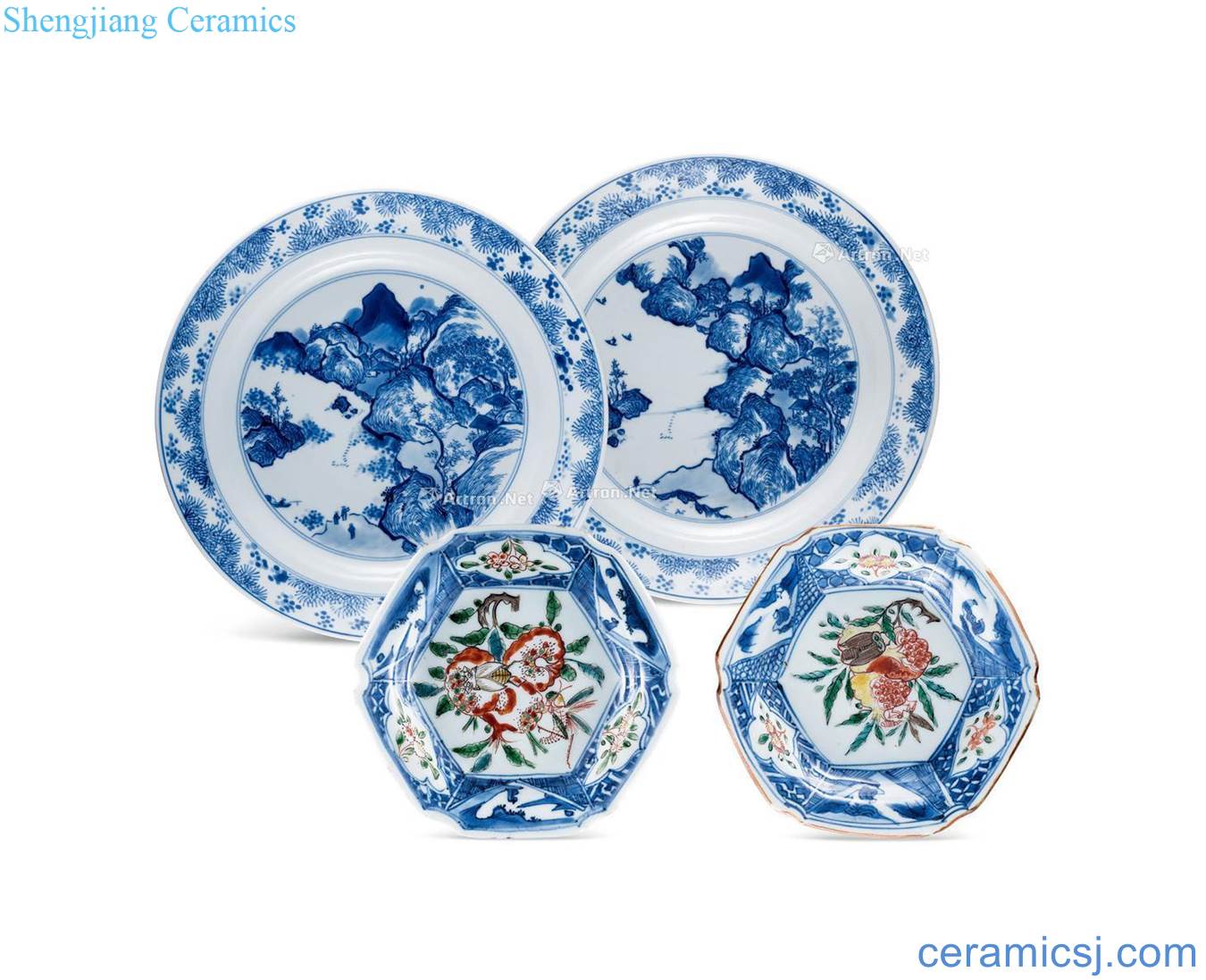 The qing emperor kangxi Figure plate of two pieces of blue and white landscape Colorful pomegranate grasses and figure 6 square plate in two (a set of four)