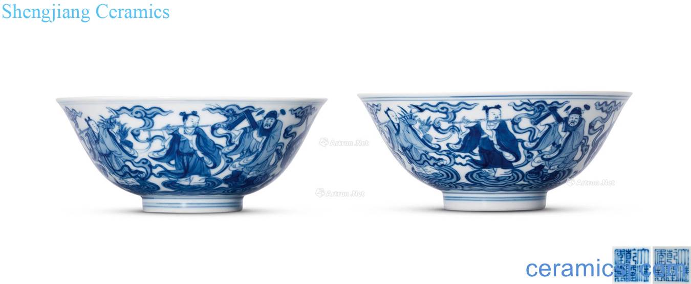 Qing qianlong Blue sea green-splashed bowls (two)