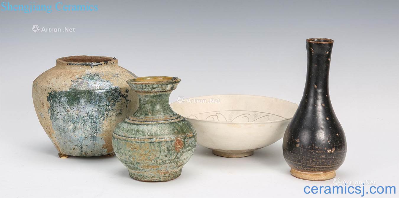 Han song green glaze silver mineralization pot ・ green glaze bowstring grain bottle ・ jizhou kiln black glaze flask ・ magnetic state kiln tree peony green-splashed bowls at 4 o 'clock