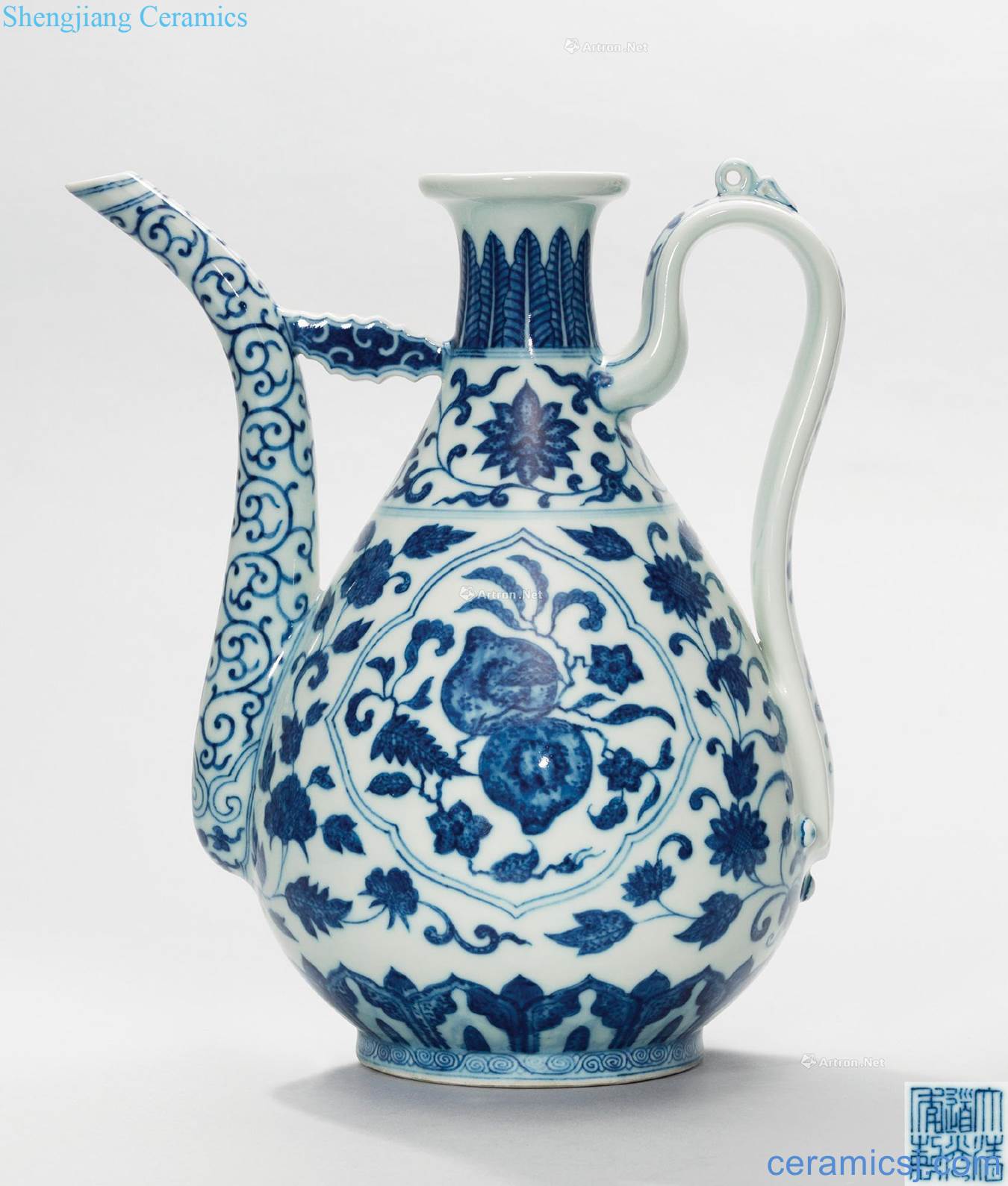 Qing daoguang Blue and white medallion red fruit grain ewer