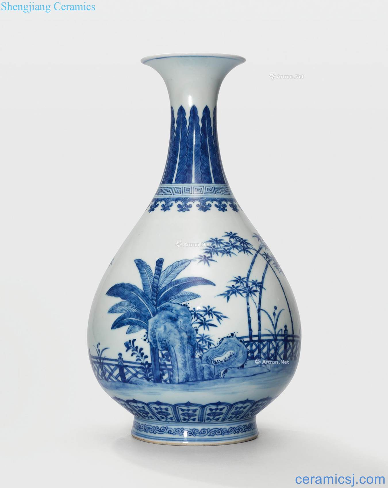 Qing yongzheng Blue and white bamboo stone plantain grain okho spring bottle