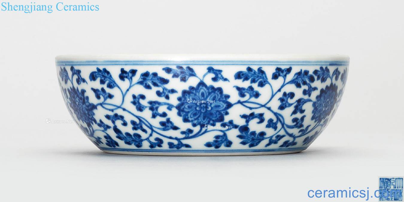Qing qianlong Blue and white tie up branch lotus mortar