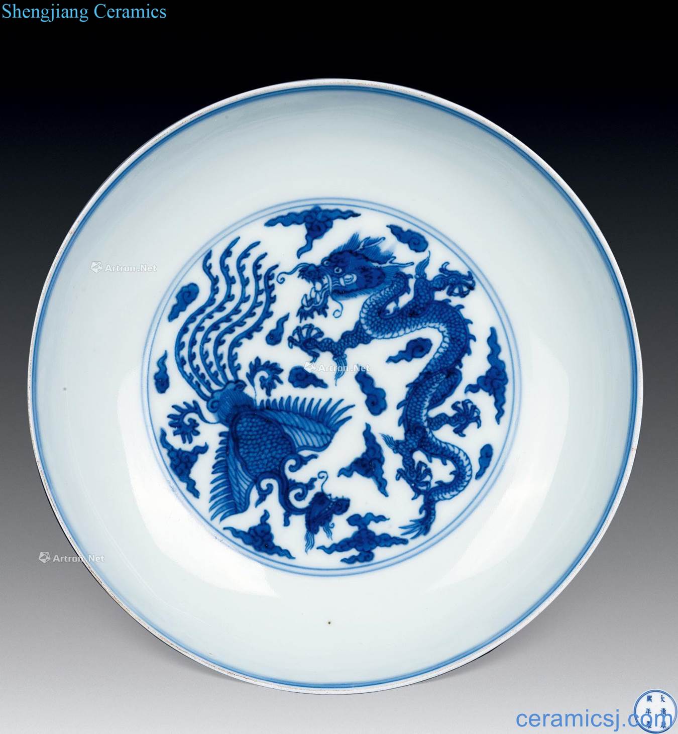 The qing emperor kangxi Blue and white longfeng tray