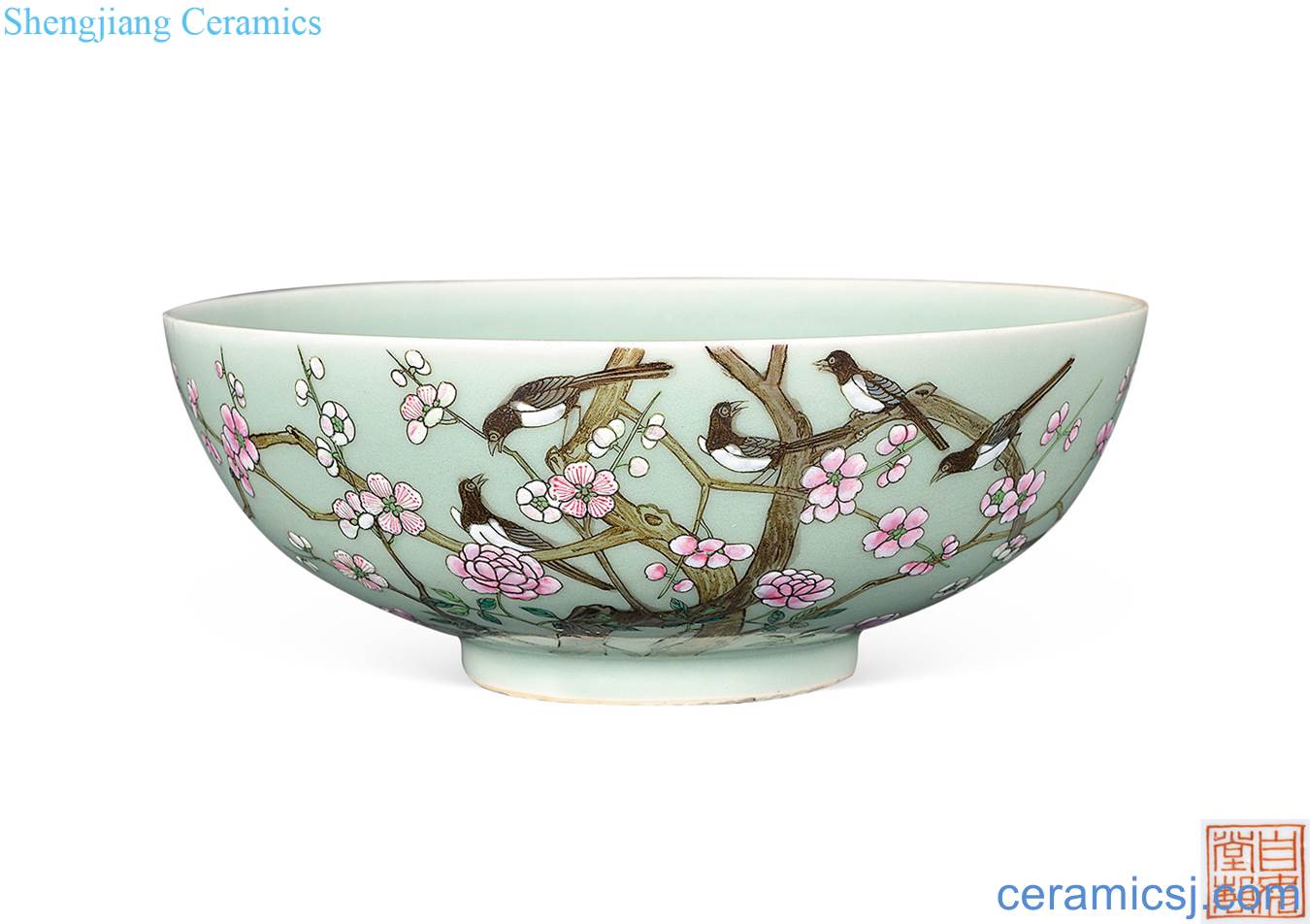 Qing daoguang Green glaze, enamel magpie on mei bowl