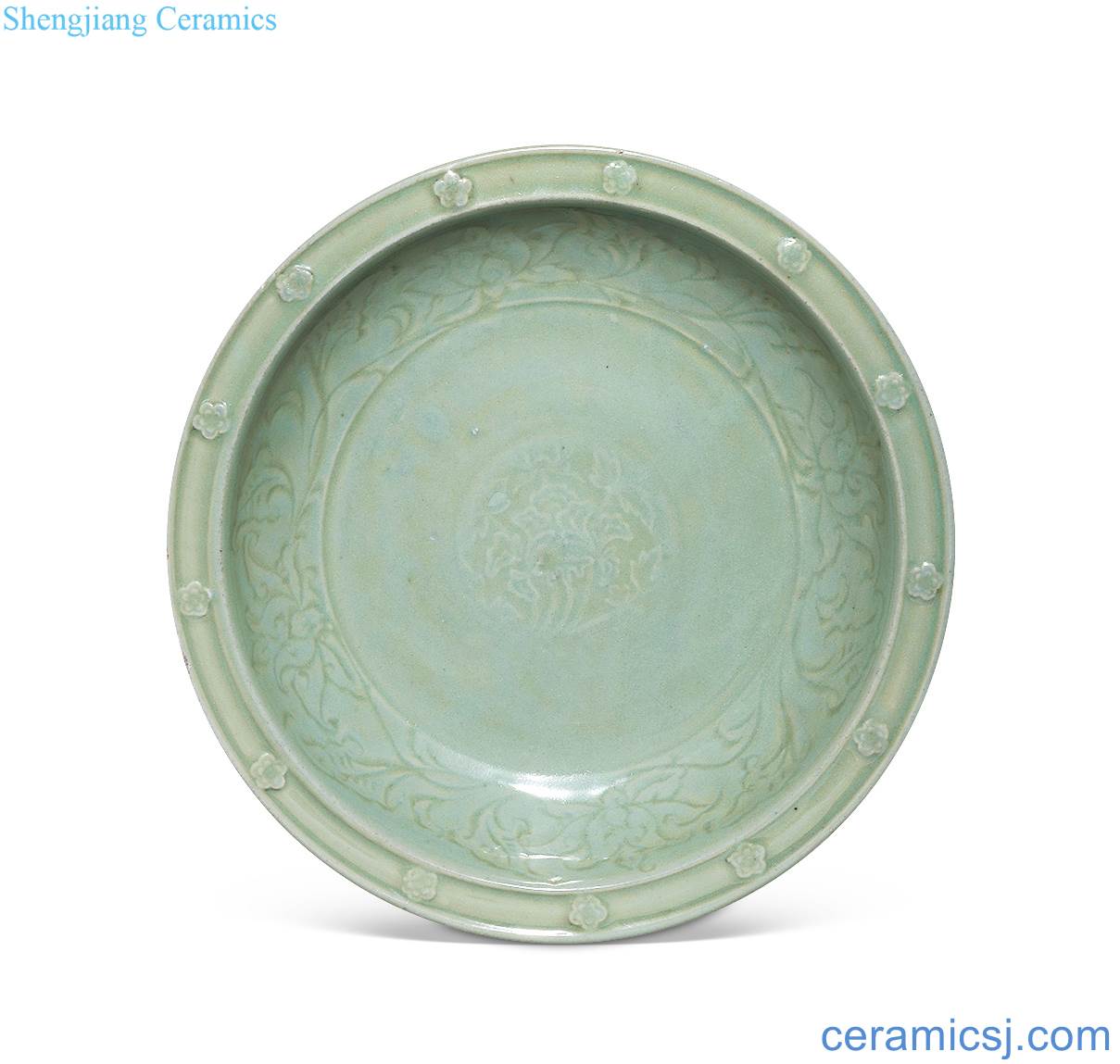 At the end of the yuan Ming Longquan celadon stamps scratching big fold along the plate