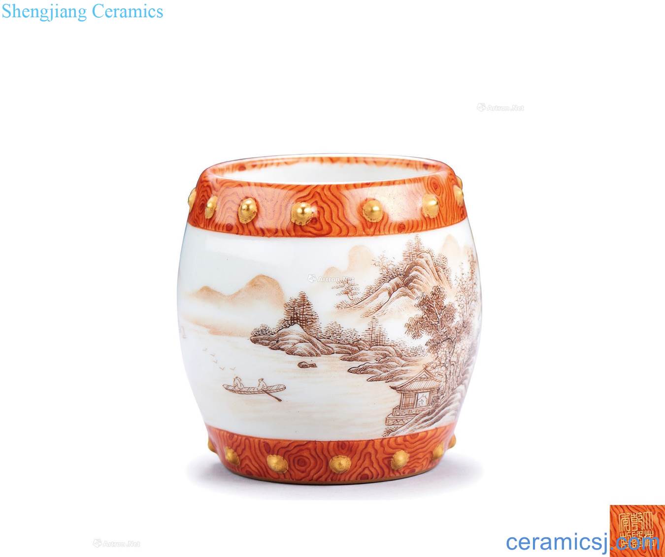 Qing qianlong pastel "landscape" drum brush pot