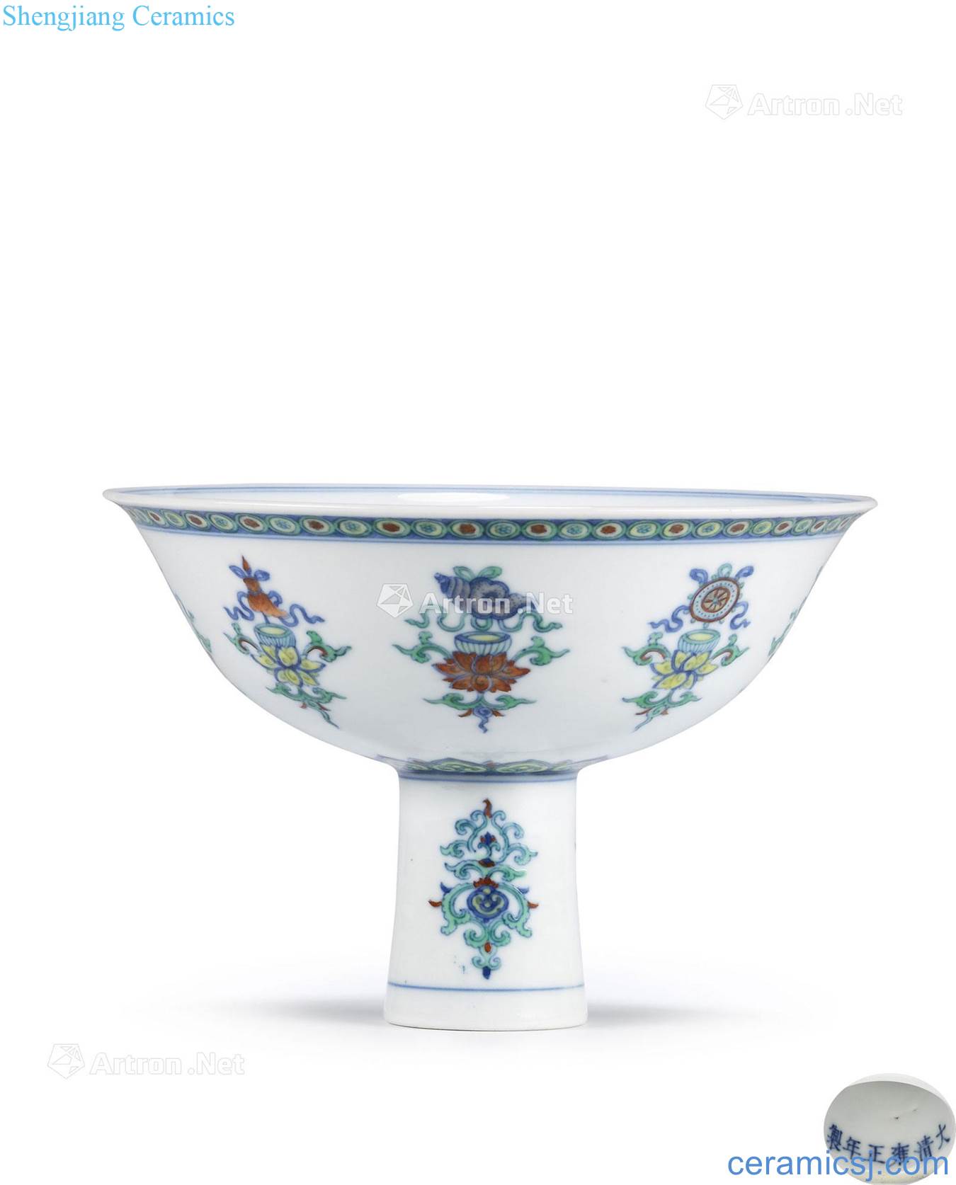 Qing yongzheng bucket color lotus eight auspicious grain footed bowl of blue and white