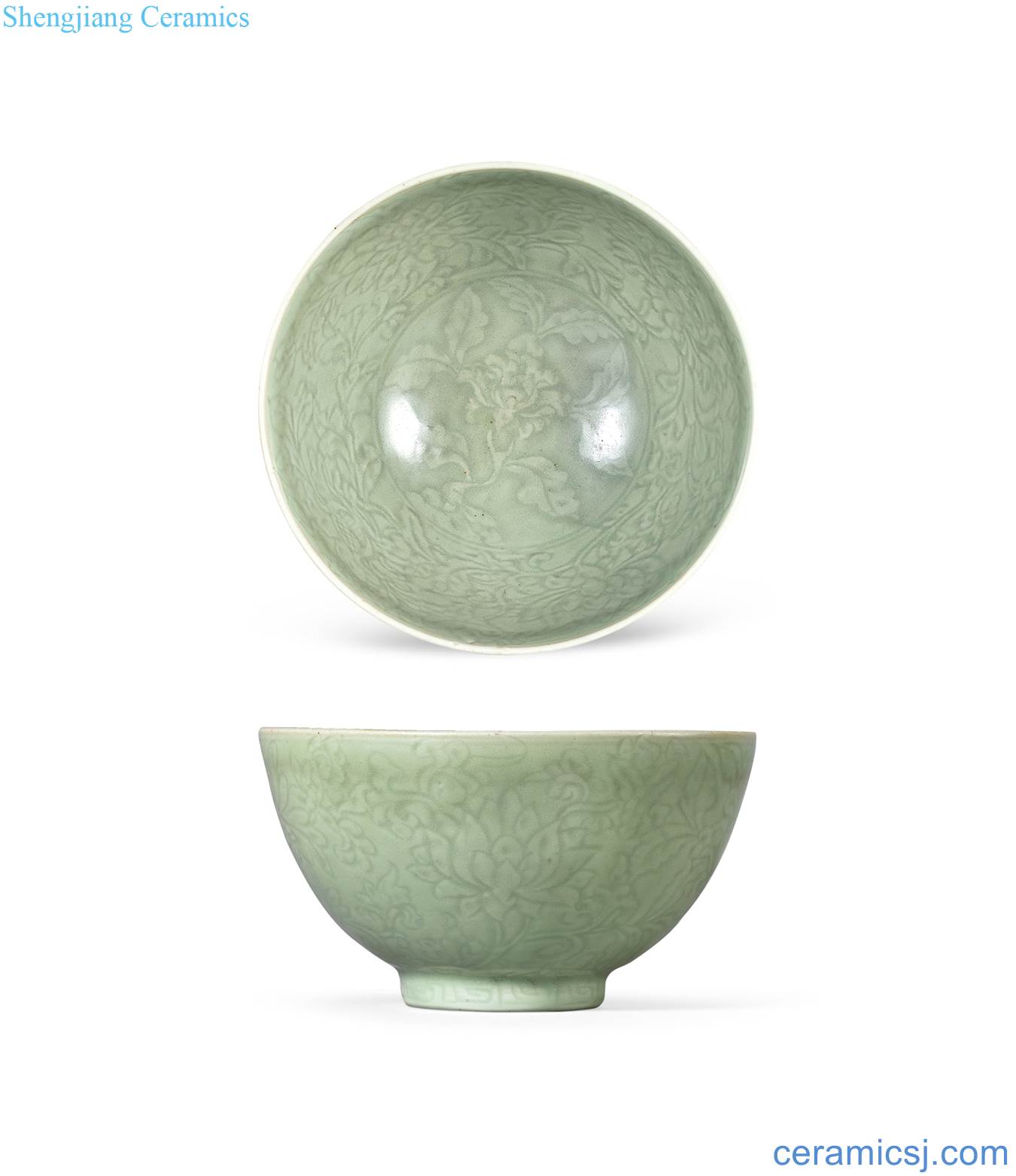 Ming yongle/jintong of longquan celadon flowers and green-splashed bowls engraved wrapped inside and outside branches