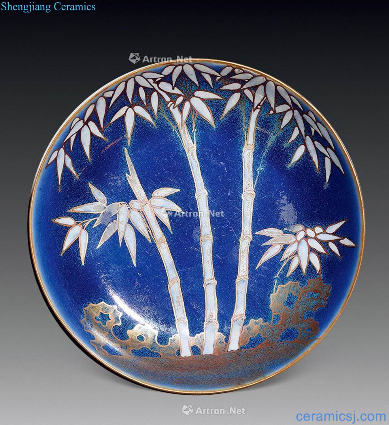 Clear blue glaze enamel paint bamboo stone figure plate (birthday)