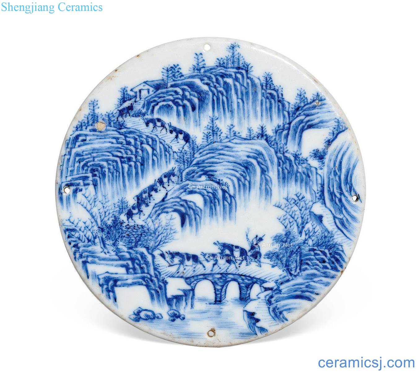 qing Blue mountain figure small round porcelain plate