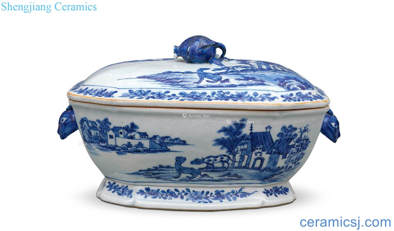 Qing qianlong on blue and white landscape scene lines cover basin