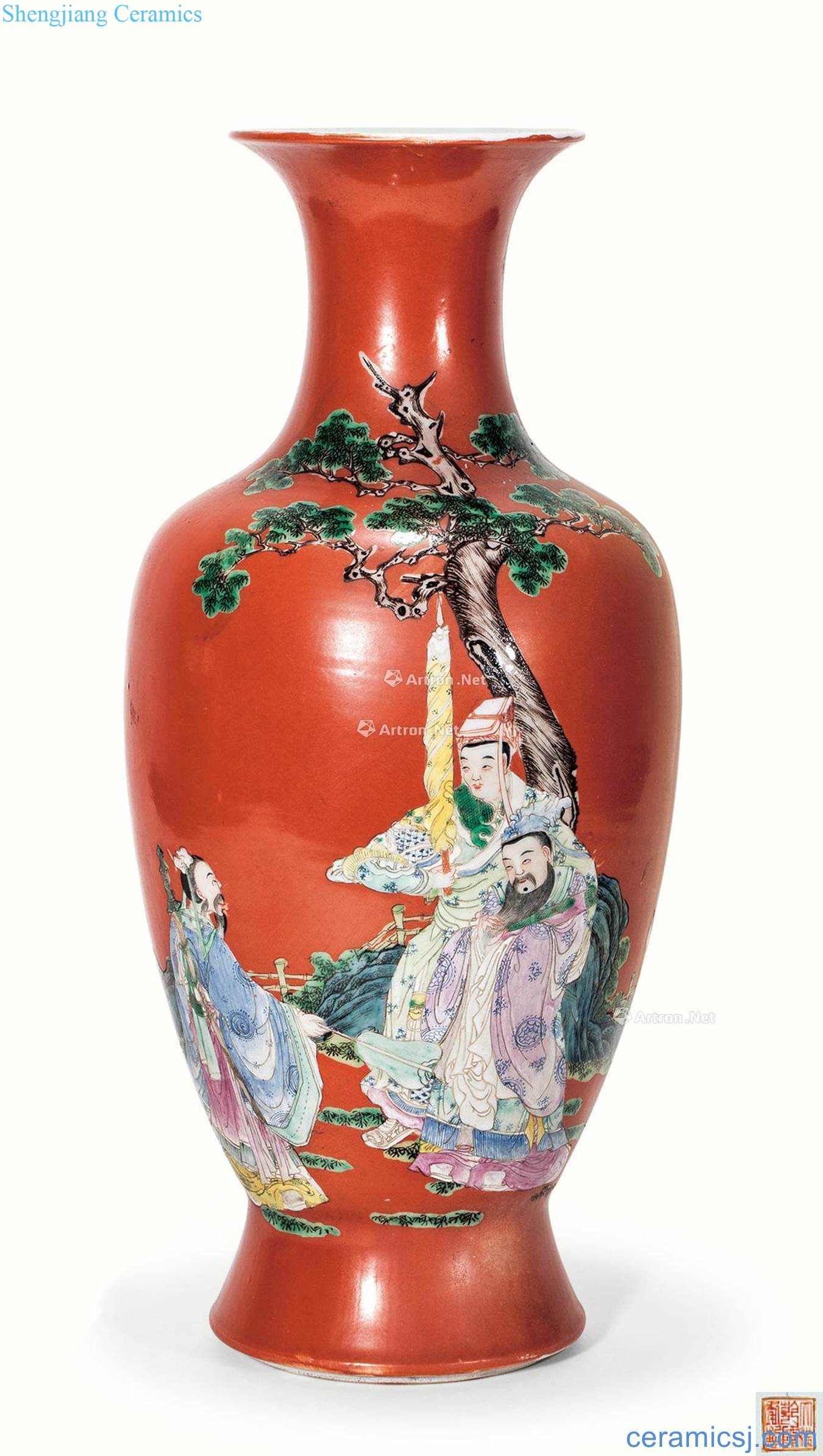 Goddess of mercy bottle qing to powder enamel coral red characters
