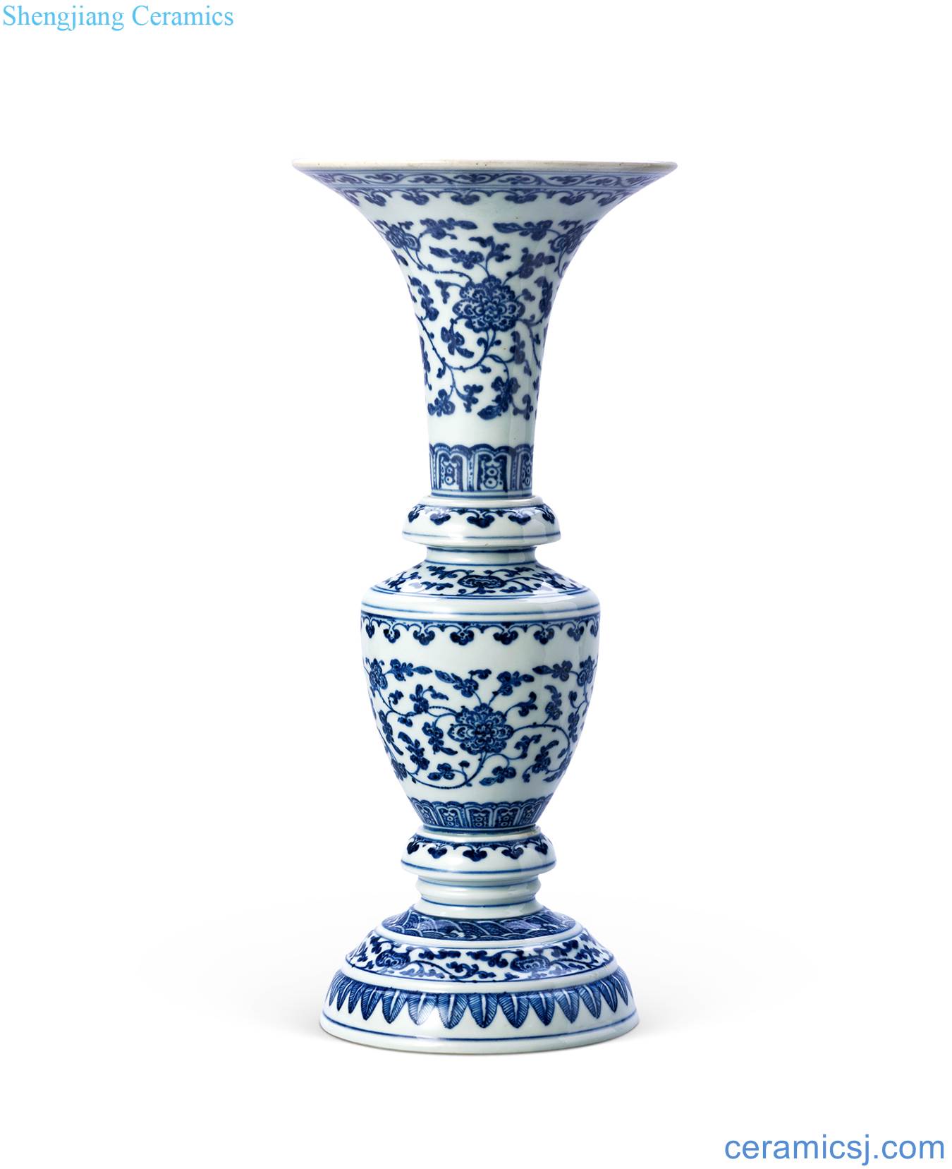 Mid qing Blue and white tie up branch grain flower vase with flowers