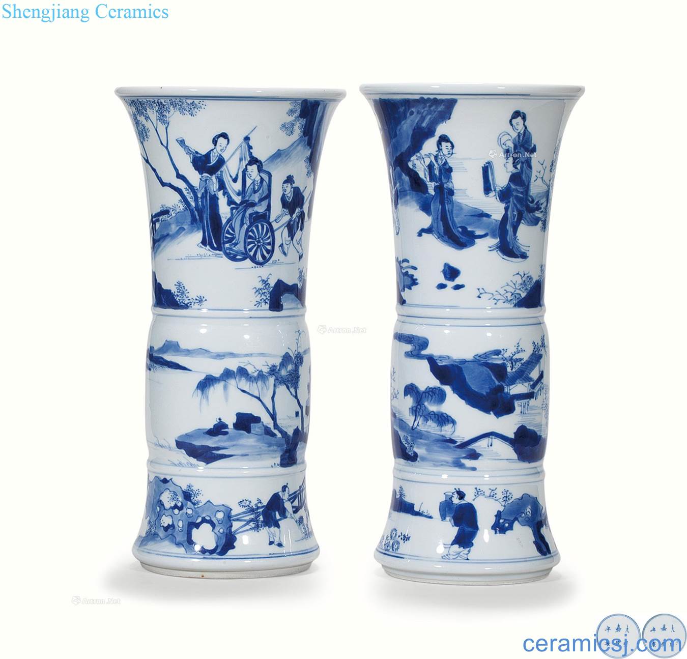 The qing emperor kangxi Blue and white ladies YouChun figure flower vase with (a)