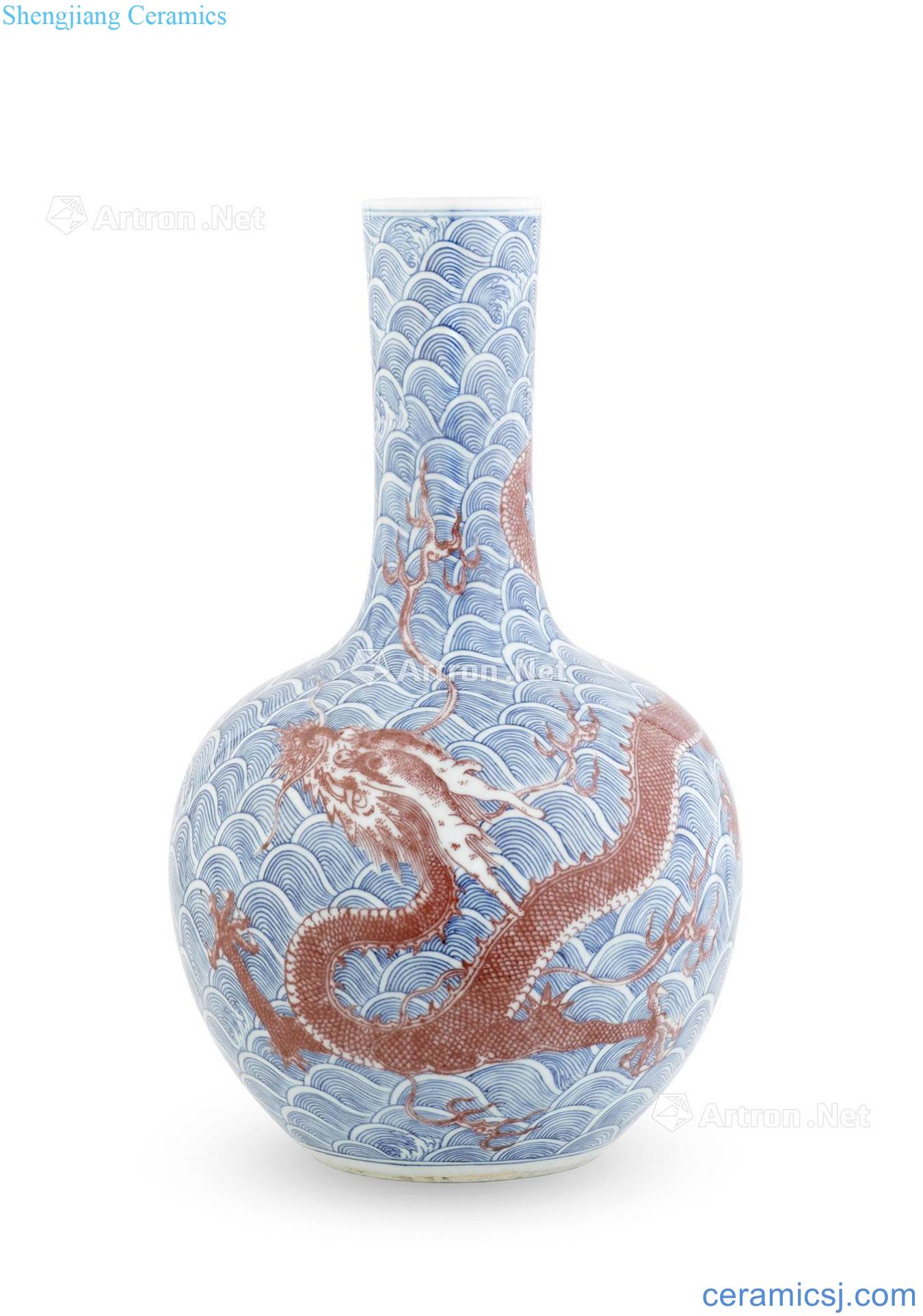 Qing yongzheng/blue and white youligong red sea water dragon grain bottle qianlong