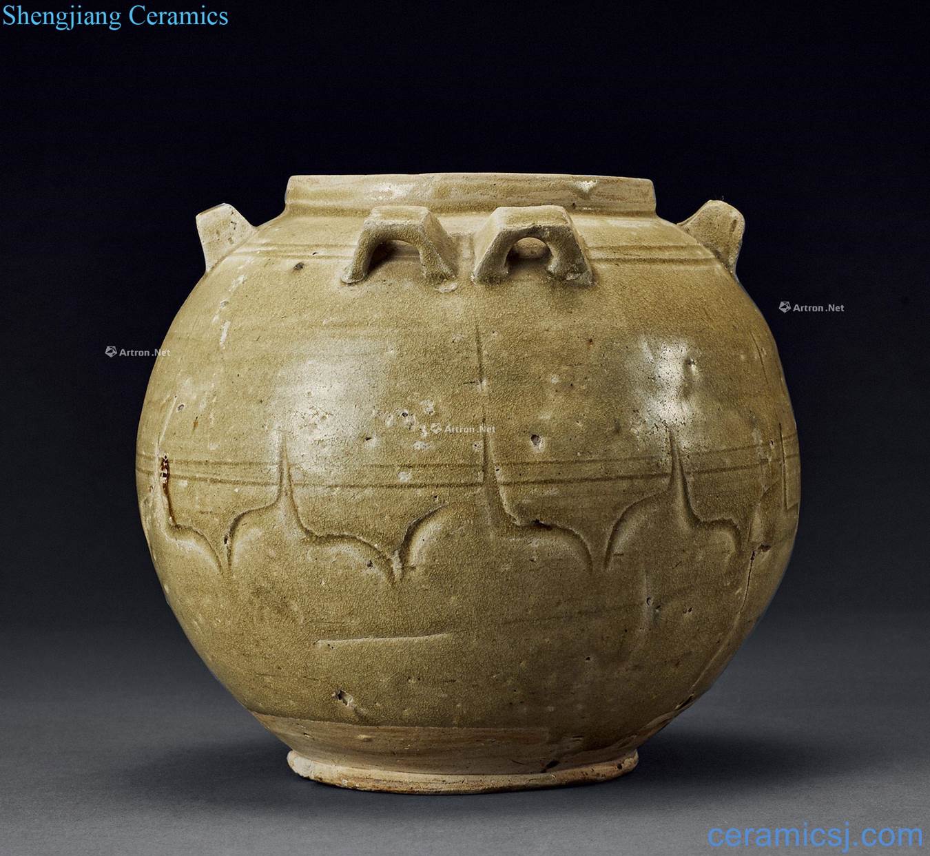 Southern dynasty celadon lotus-shaped grain six ear pot