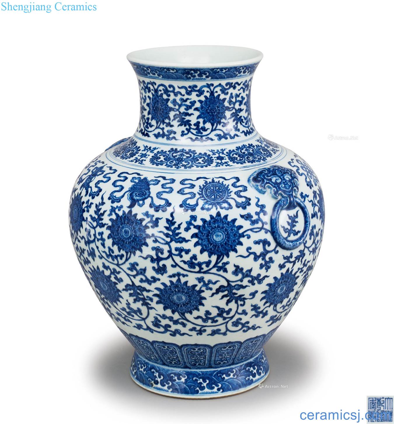 Qing qianlong Blue and white tie up lotus flower sweet grain shop is the first title ring and honour