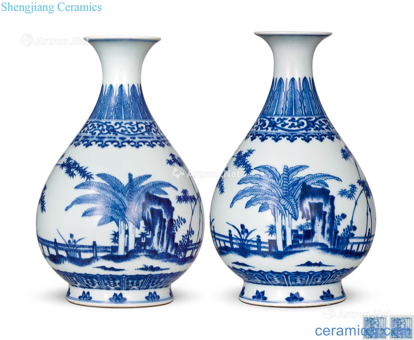 Qing qianlong Blue and white bamboo stone plantain grain okho spring bottle (a)