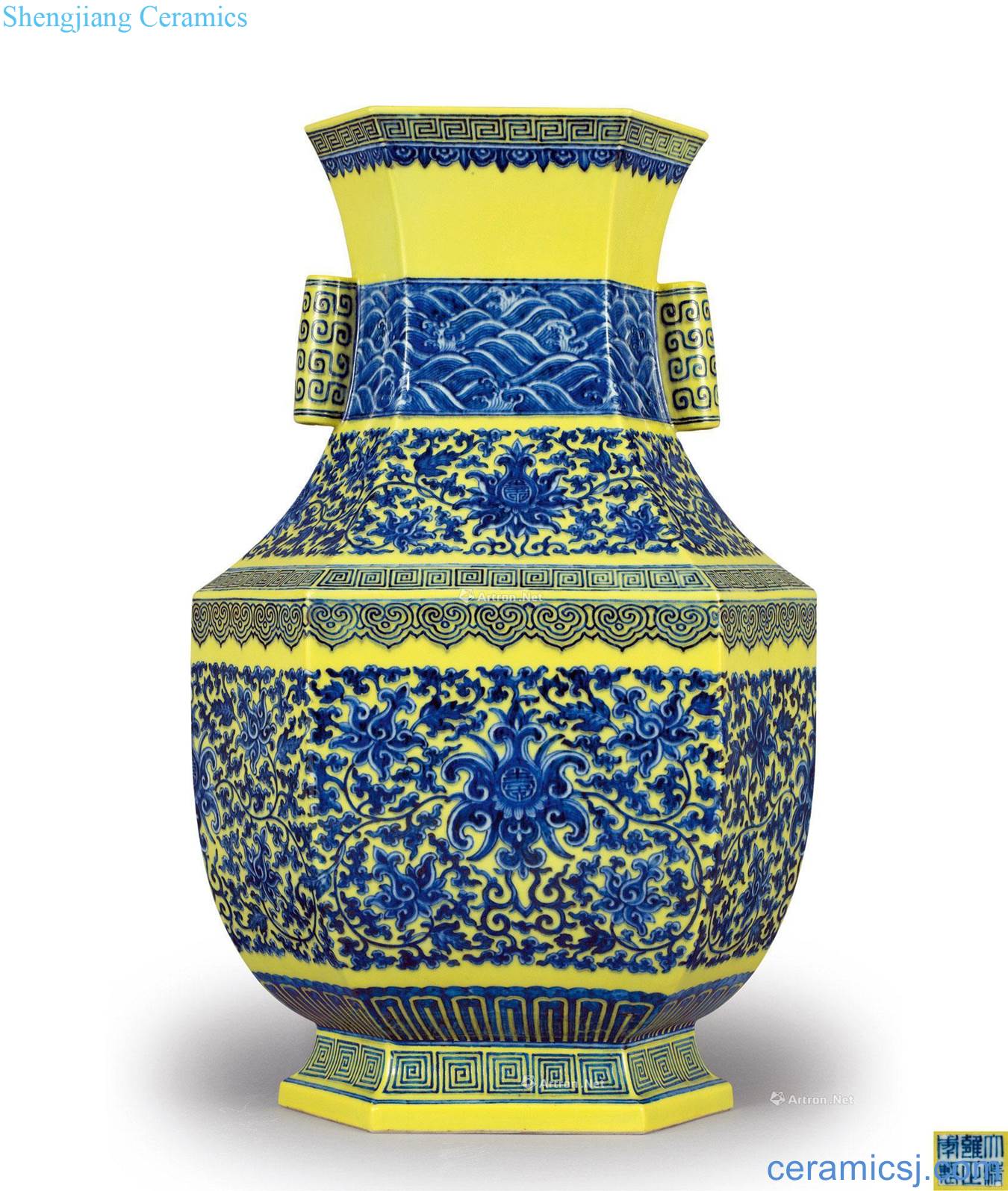 Qing yongzheng Yellow to blue and white tie up branch lotus grain penetration ear vase
