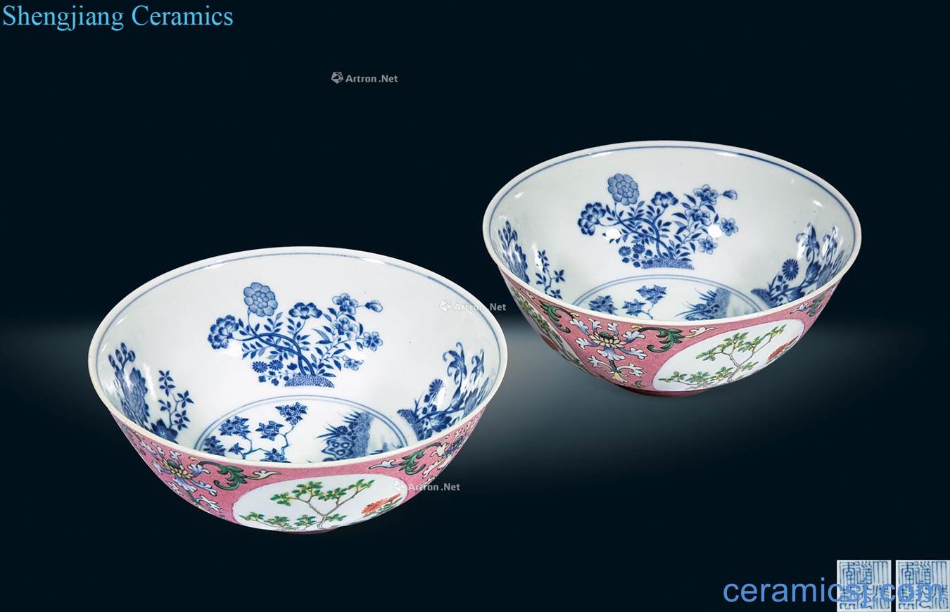 Blue and white enamel rolling figure 盌 medallion flowers and plants (a)