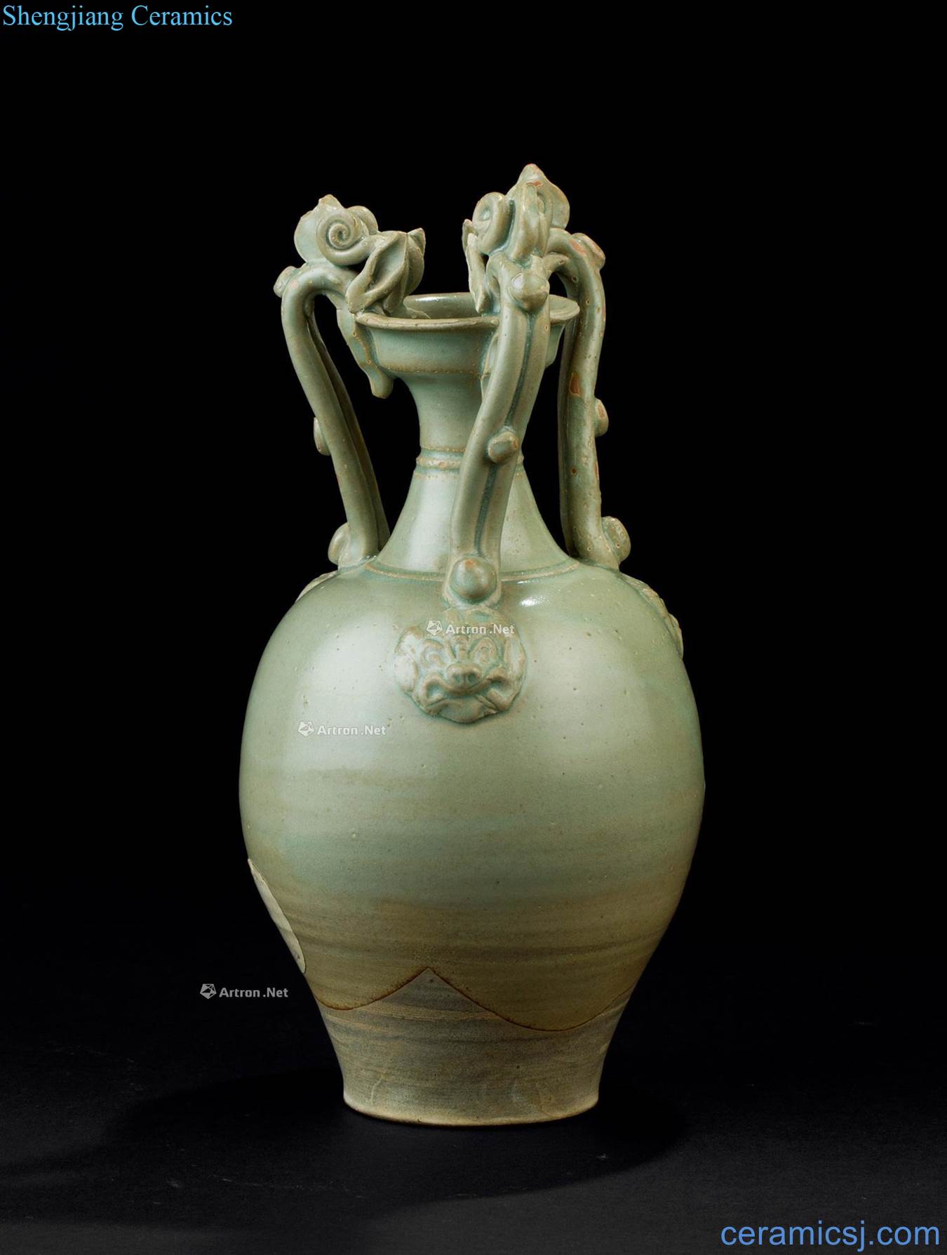 The tang dynasty (618-907), celadon stick three dragon beast ear bottle