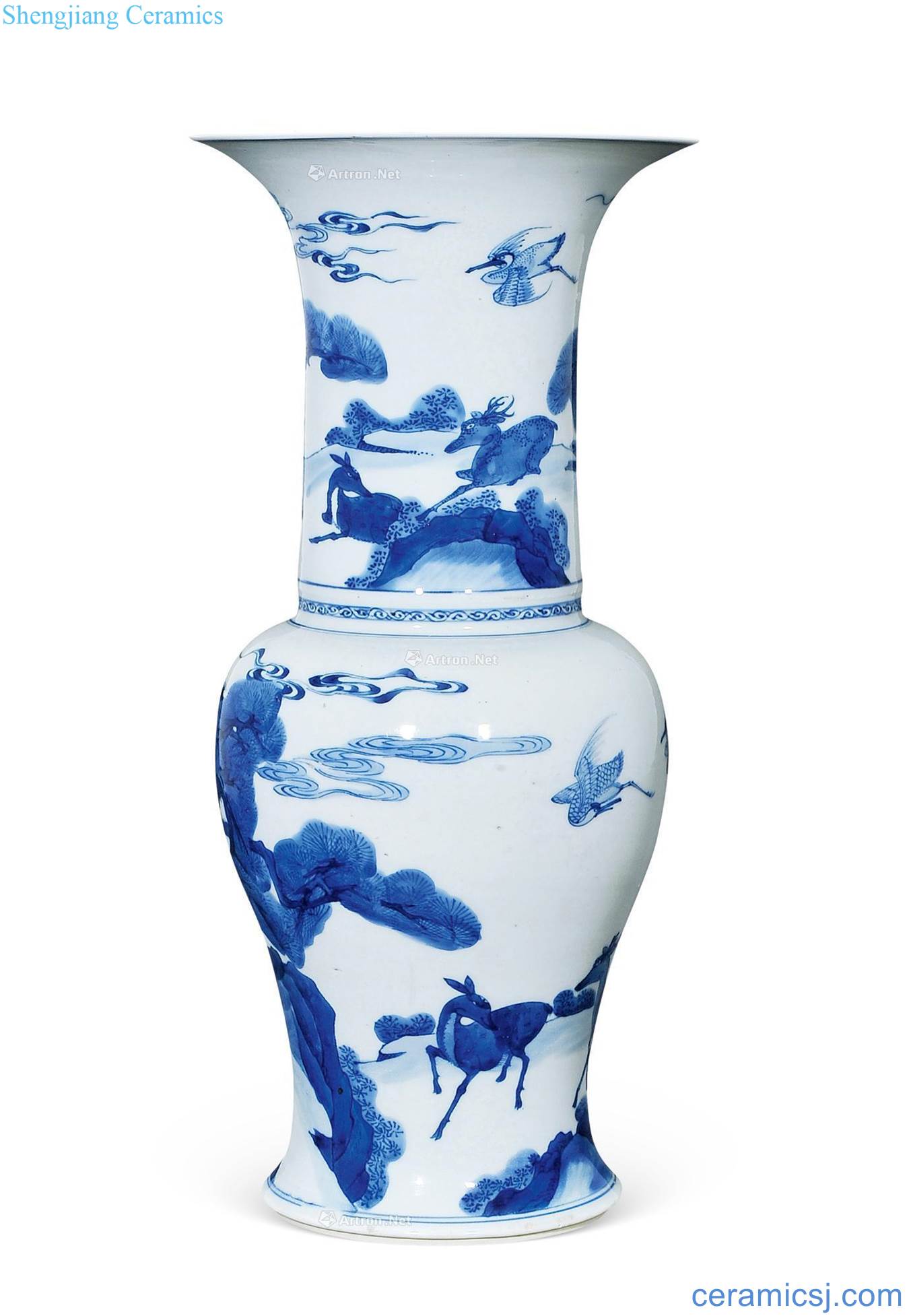 The qing emperor kangxi blue and white flower vase with "crane deer with spring"