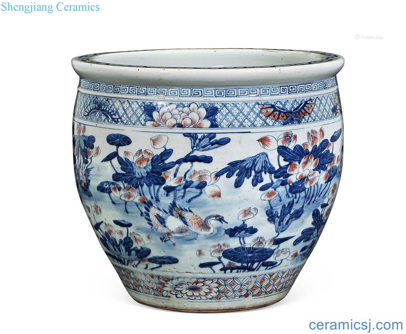 Mid qing Blue and white youligong lotus pond swimming bird print cylinder