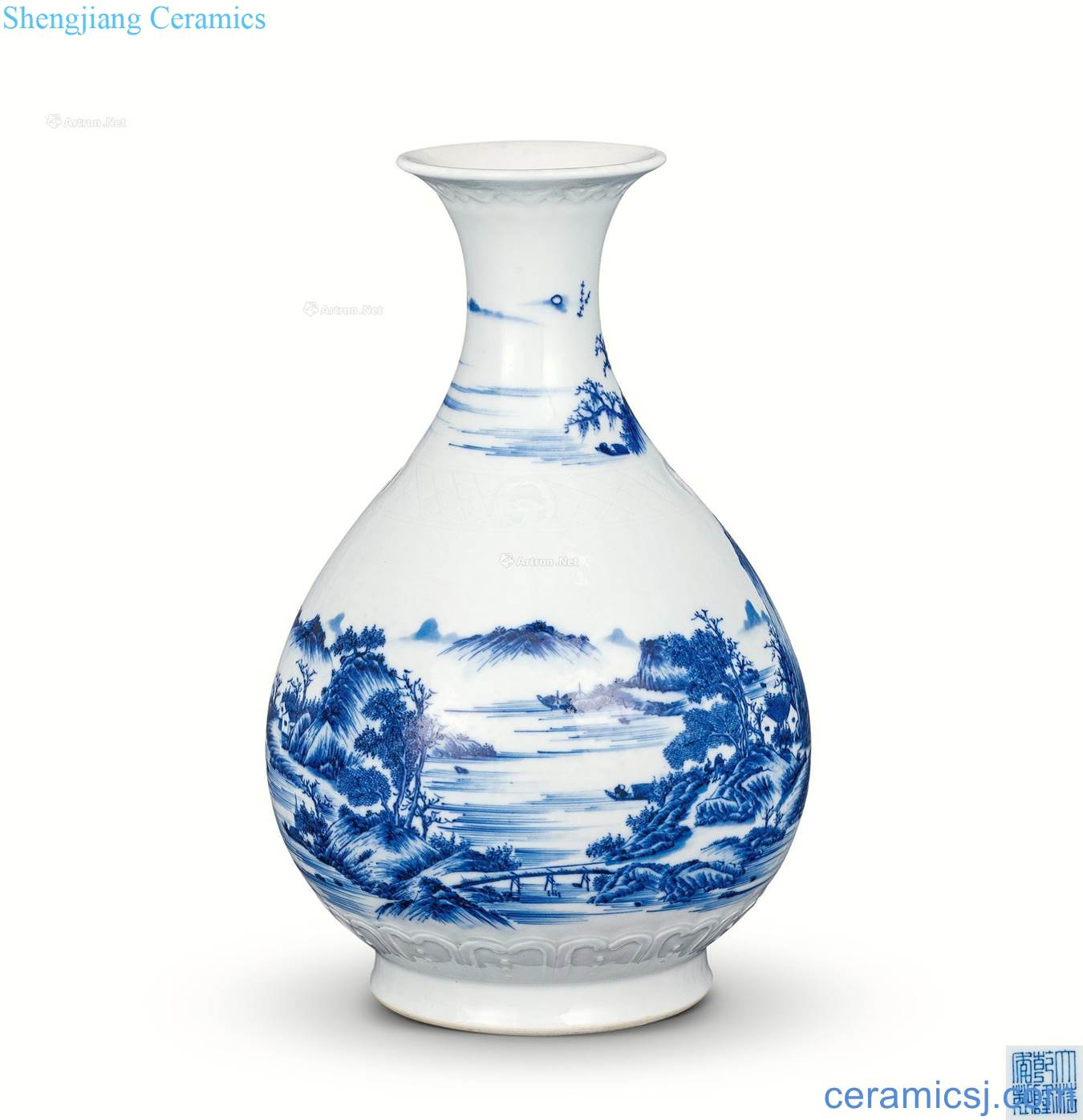 In the qing dynasty Blue and white landscape pattern carved porcelain okho spring bottle