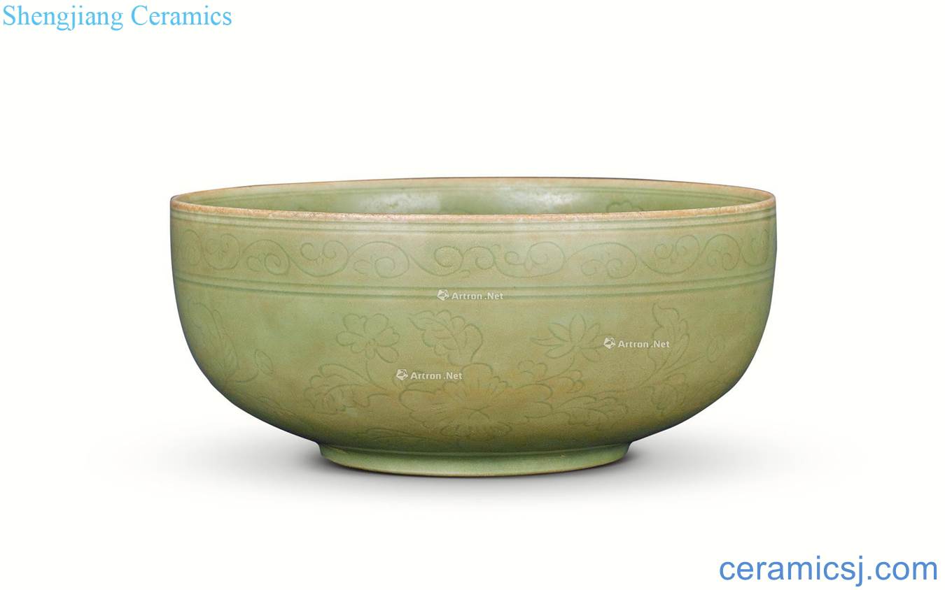 The song dynasty Longquan glaze scratching flowers green-splashed bowls