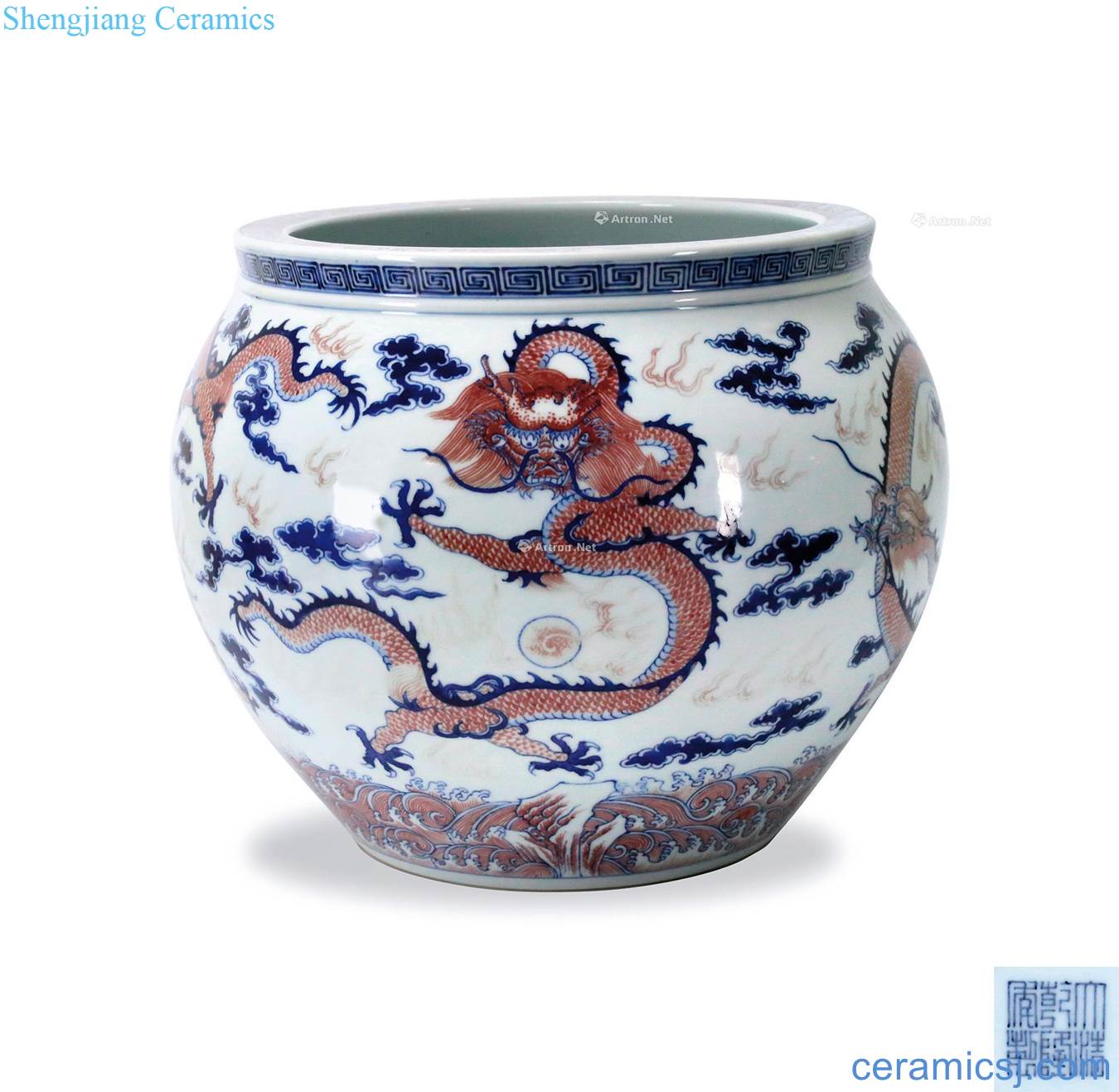 Qing qianlong Blue and white youligong red dragon grain cylinder