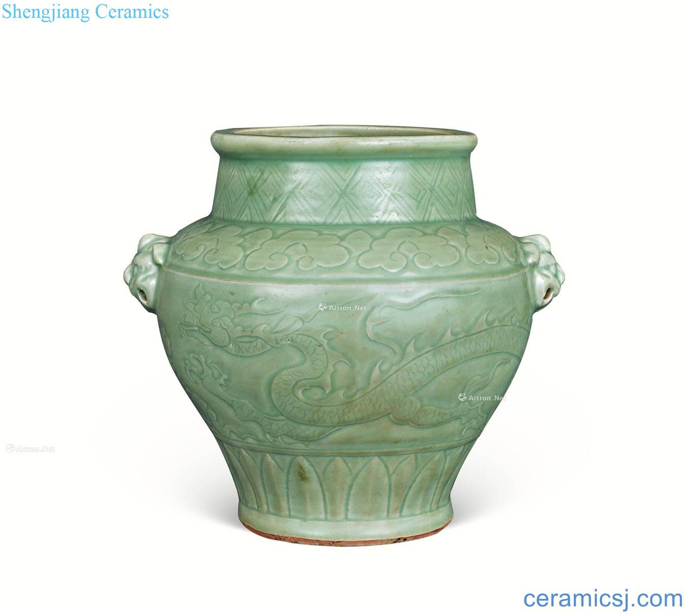 The yuan dynasty Longquan celadon dark carved decorative pattern spend double the first tank