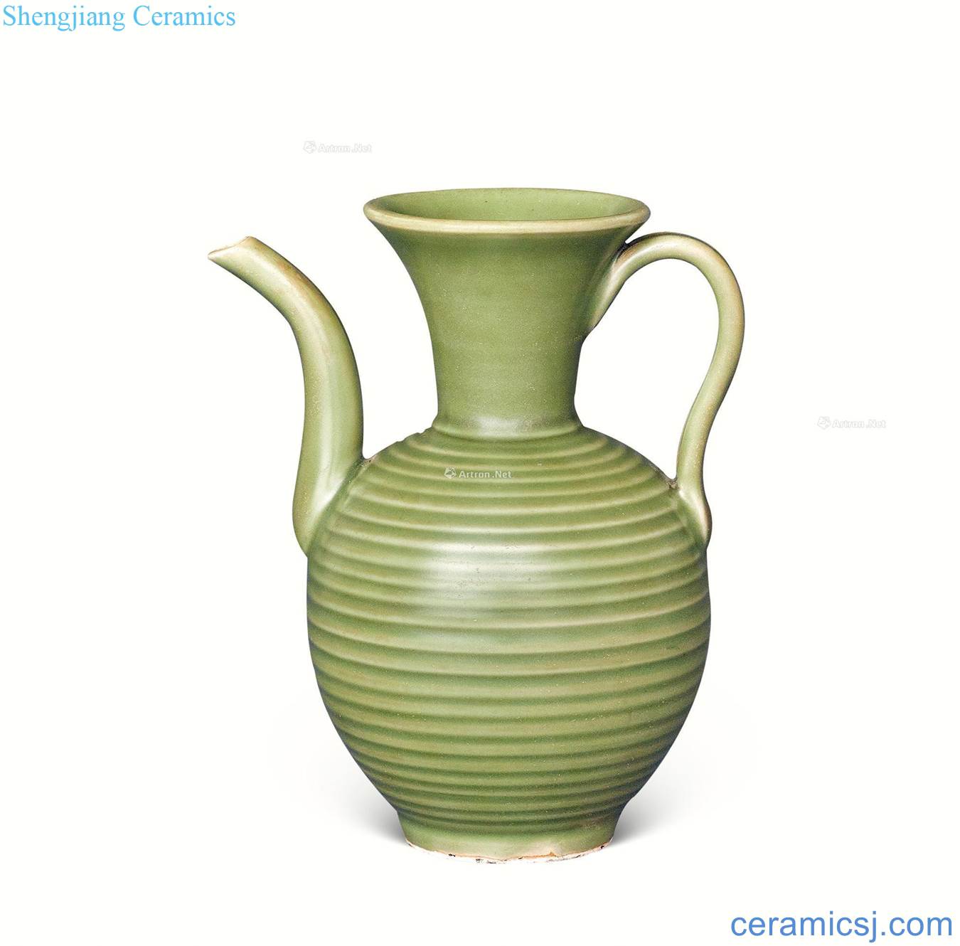 The song dynasty Longquan celadon glaze string lines ewer