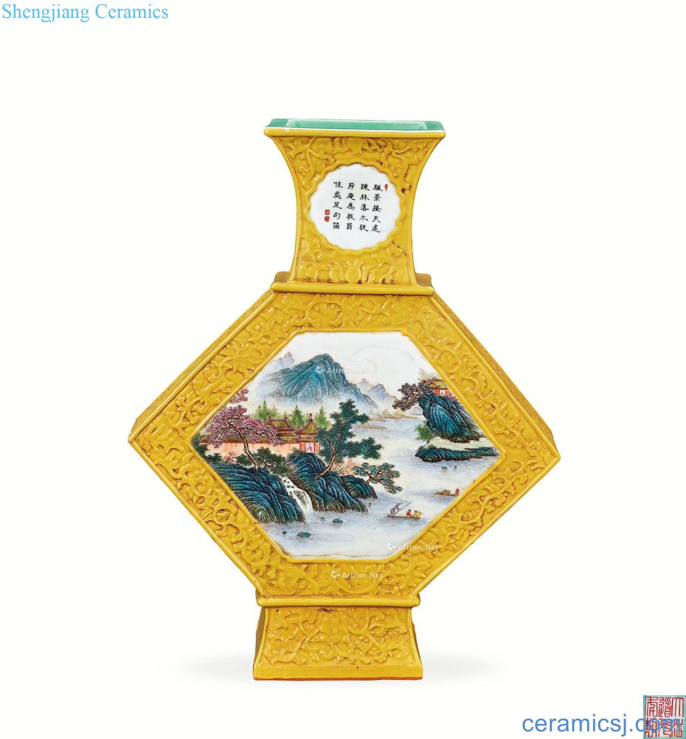 In the qing dynasty Yellow glaze window pastel mountain water bottles