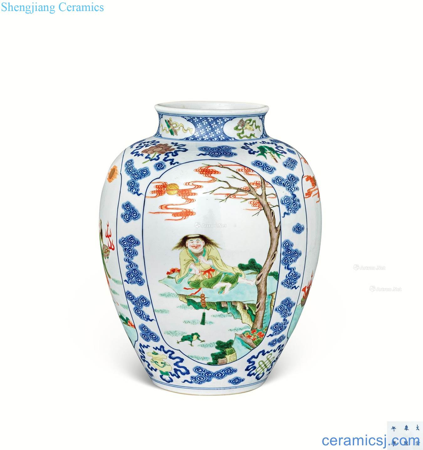 In the qing dynasty Blue and white color fringe play spittor bottles