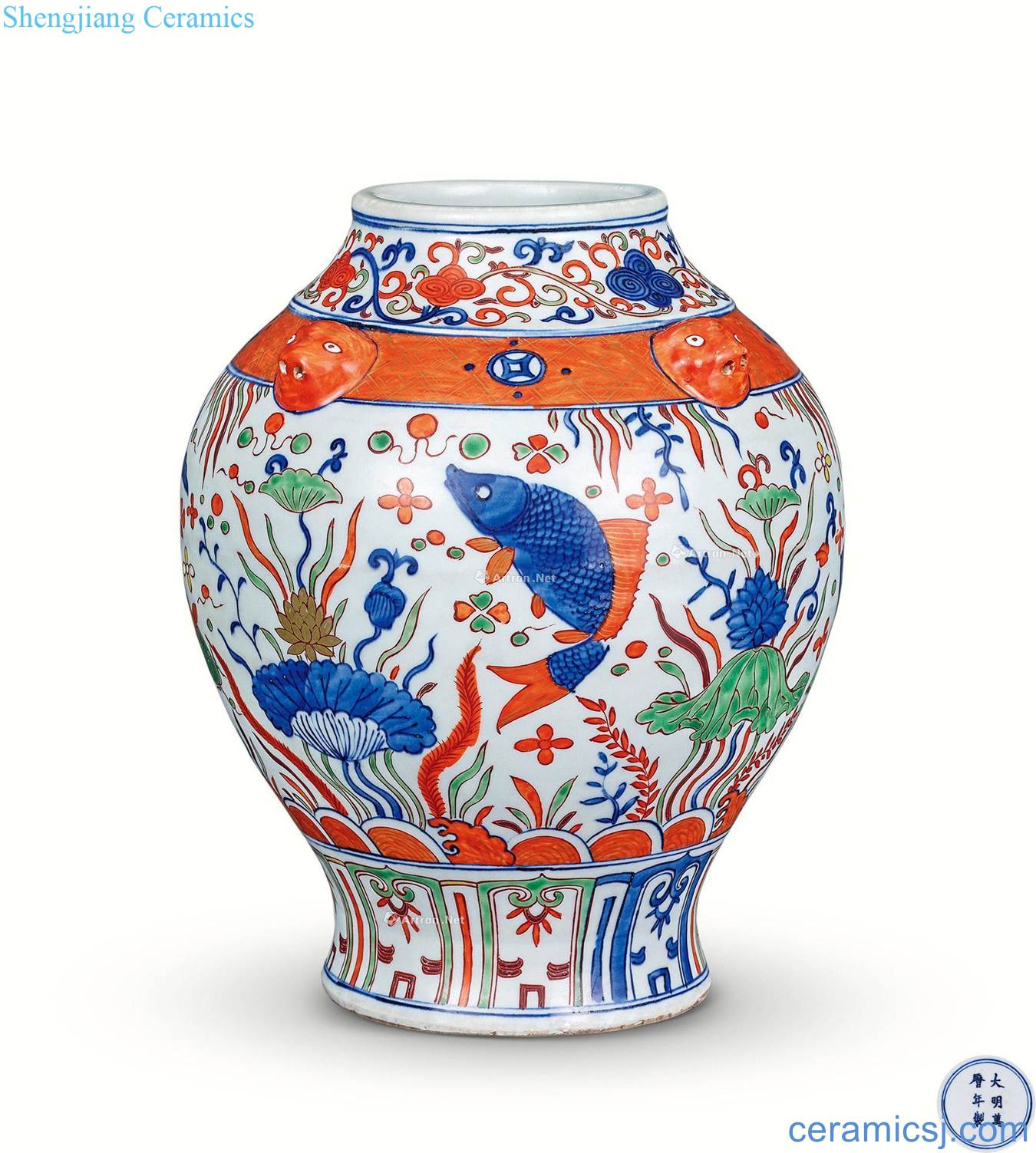 Ming dynasty colorful lion new fish grain shop 4 first cover tank