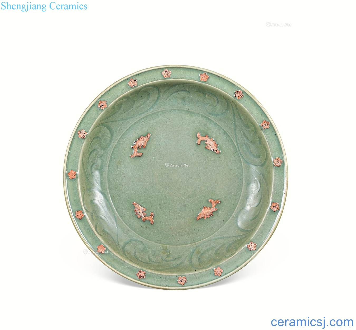 The song dynasty Longquan celadon green glaze plum four fish dish