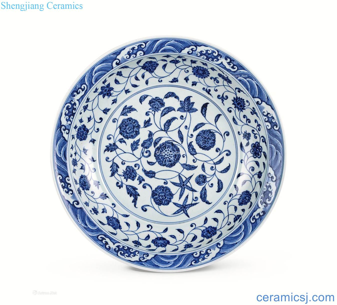 Ming yongle Blue and white flower waves grain disc fold branches