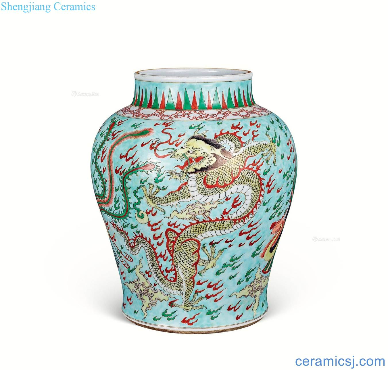 In the qing dynasty the pine green glaze colorful longfeng grain tank
