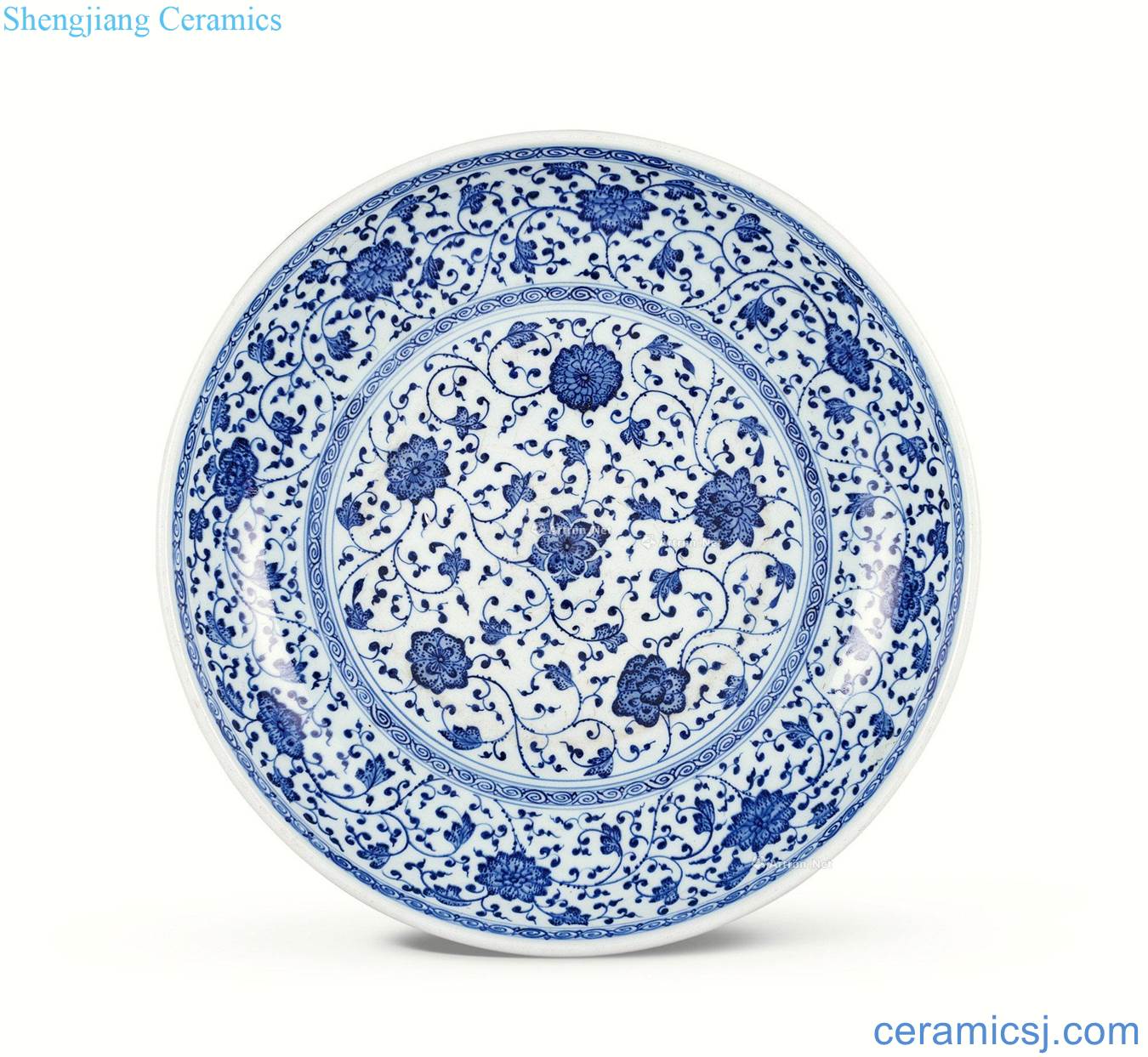 In the qing dynasty Blue and white flower grain disc around branches