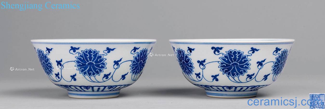 Qing daoguang Blue and white tie up branch lotus green-splashed bowls (a)