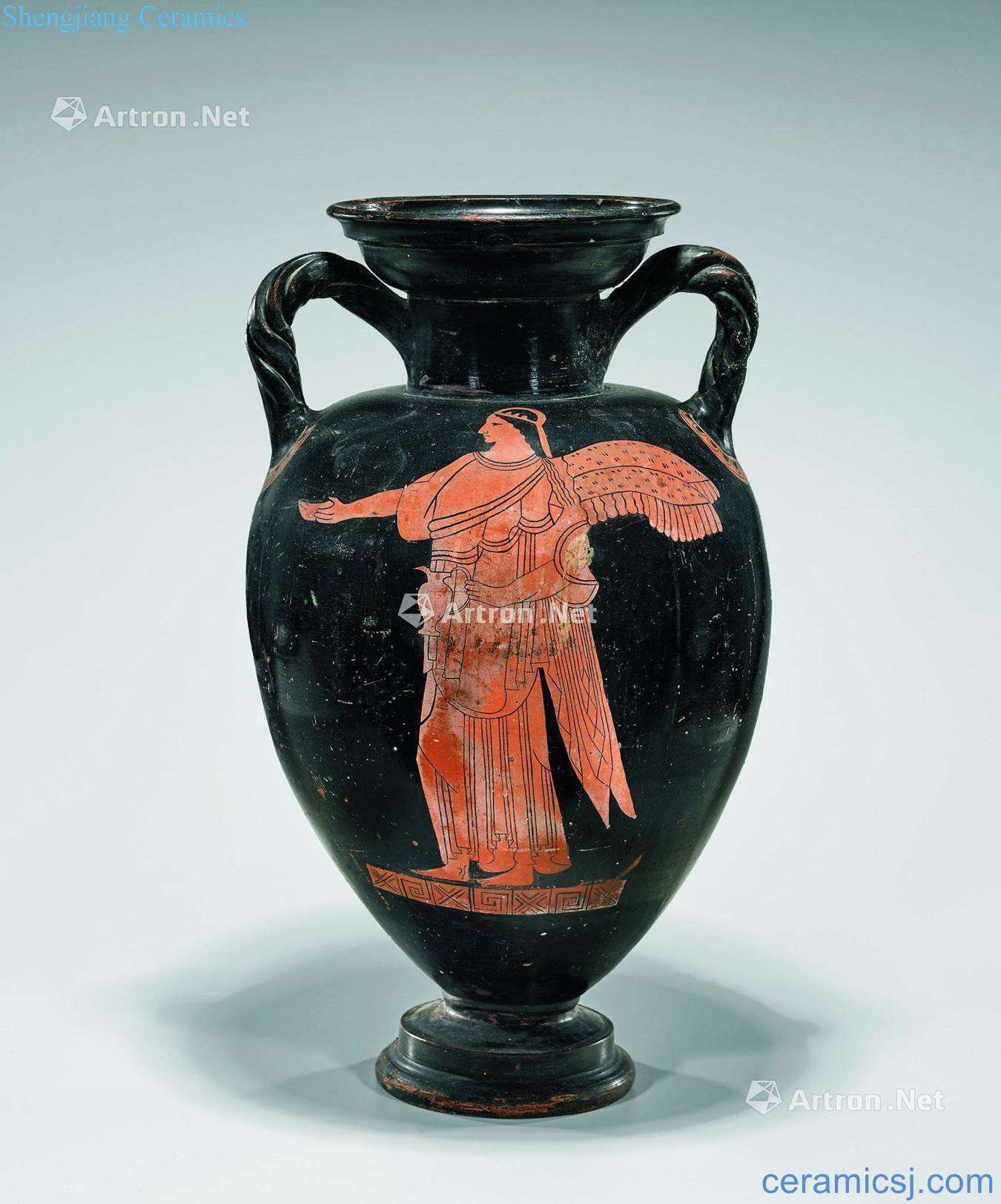 The 500-400 BC The ancient Greek red painted pottery bottle: Athena with Nick