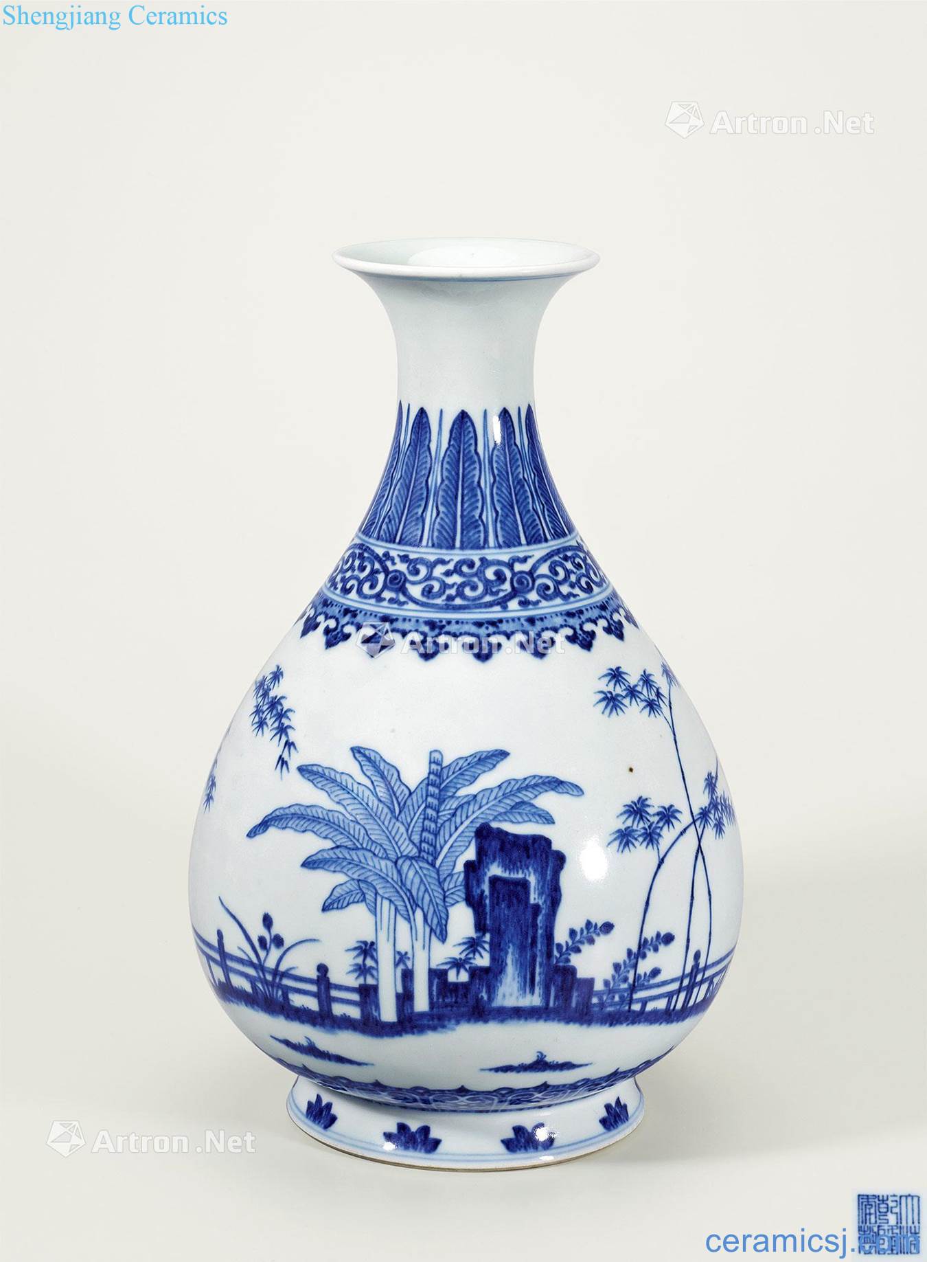Qing qianlong Blue and white bamboo stone plantain grain okho spring bottle