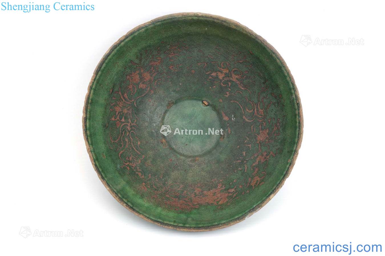 Bright green glazed bowl carved decorative pattern