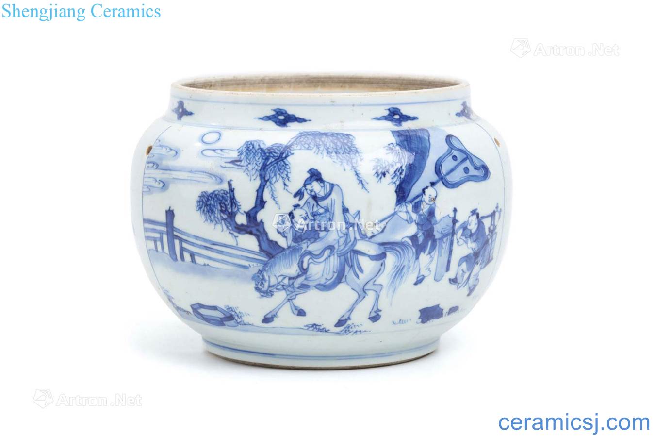 Blue and white characters of the reign of emperor kangxi landscape figure cans